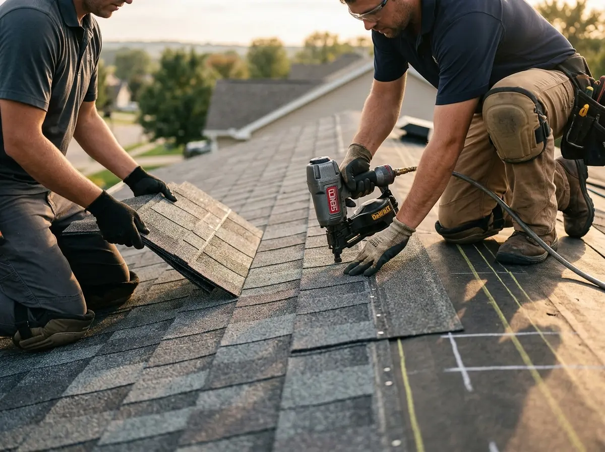 Professional roofer working on a residential roof in Daleville
